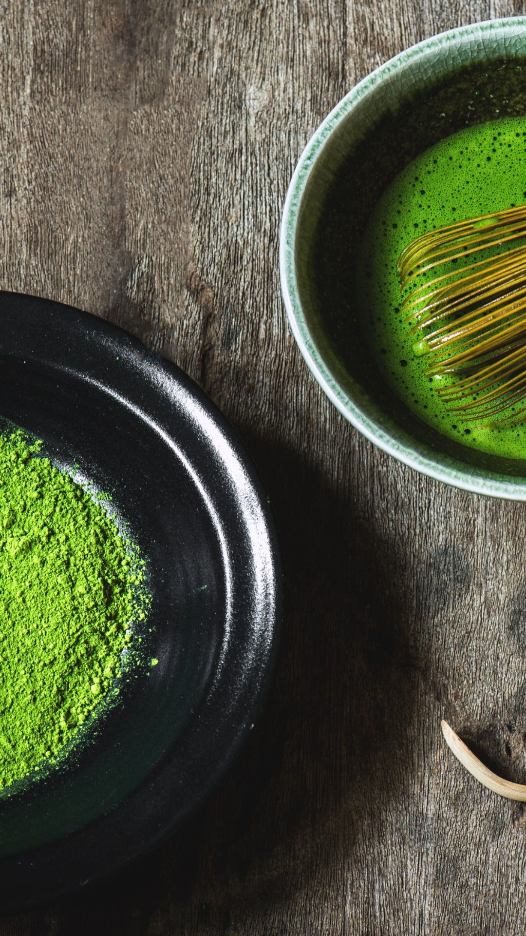 Matcha, green tea powder, matcha tea, green tea, bamboo whisk and scoop, chasen, chashaku, pottery tea bowl, chawan, wooden table