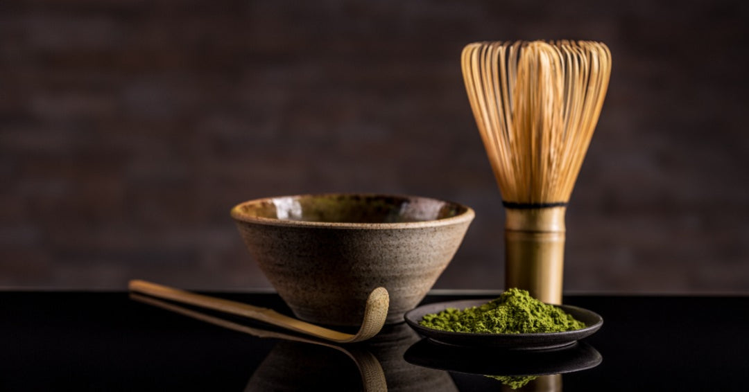 Matcha, green tea powder, bamboo spoon and whisk, chasen, chashaku, pottery tea bowl, chawan, dark blackground