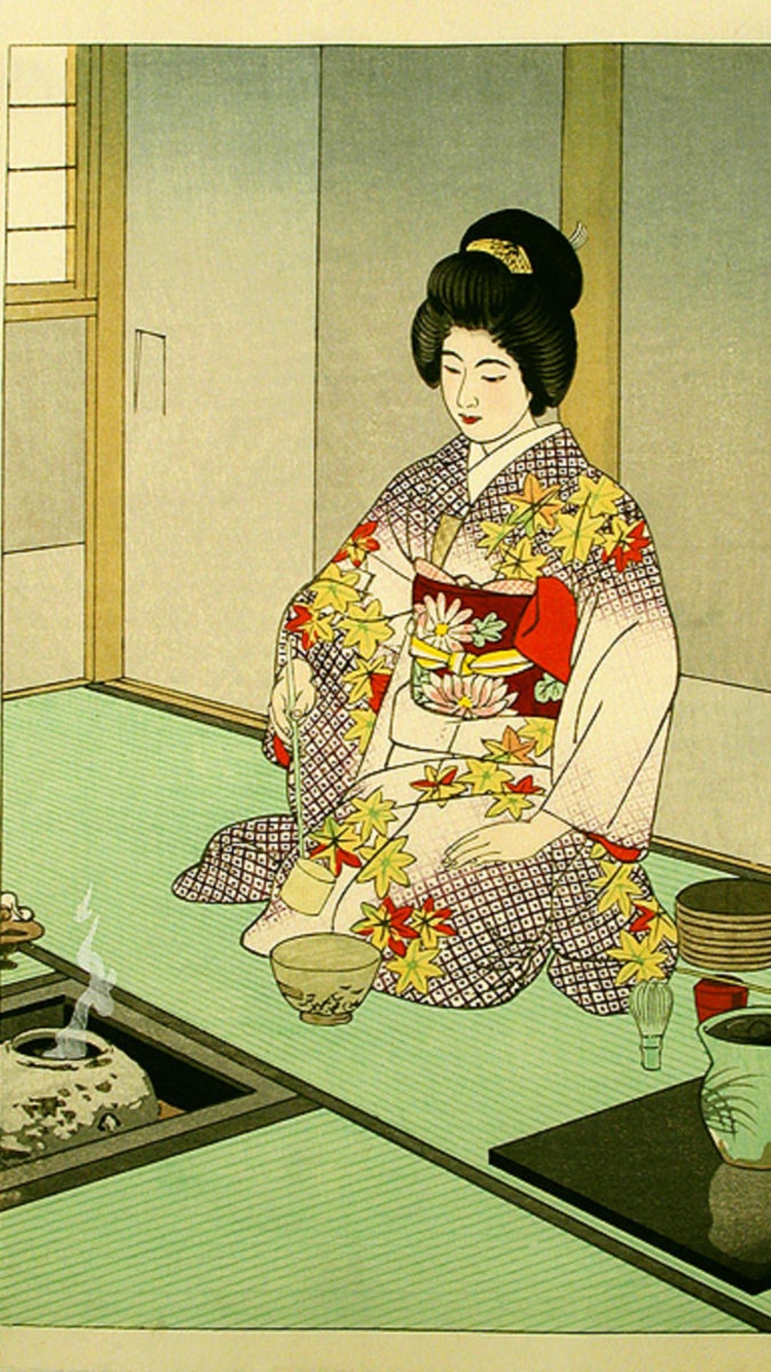 Matcha, green tea, tea ceremony, tea room, tatami mats, japanese woman, tea master, kimono, matcha history, ancient, old drawing, japanese art, japanese culture