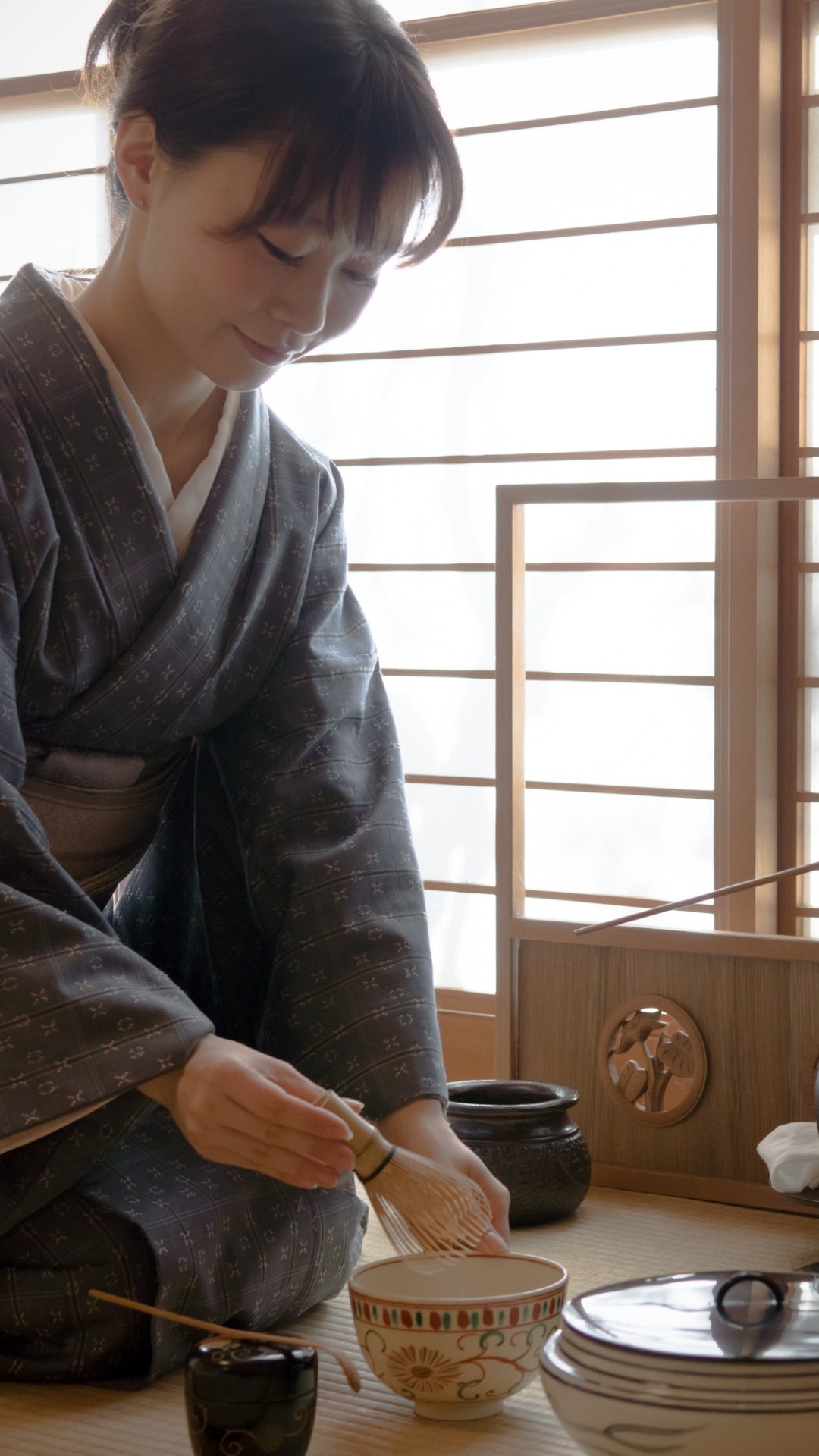 Matcha, japanese, tea ceremony, tea room, woman, tea master, kimono, tatami mats, bamboo scoop and whisk, chashaku, chasen, pottery tea bowl, matcha container, natsume,