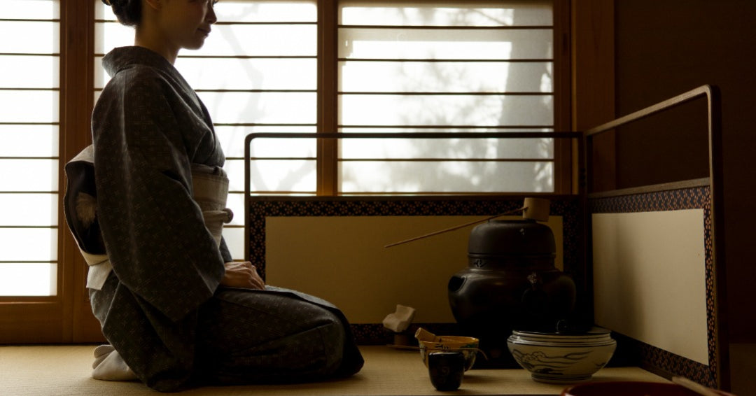 Matcha, japanese, tea ceremony, tea room, woman, tea master, kimono, tatami mats, cast iron kettle, chagama, bamboo water ladle, hishaku, matcha container, natsume